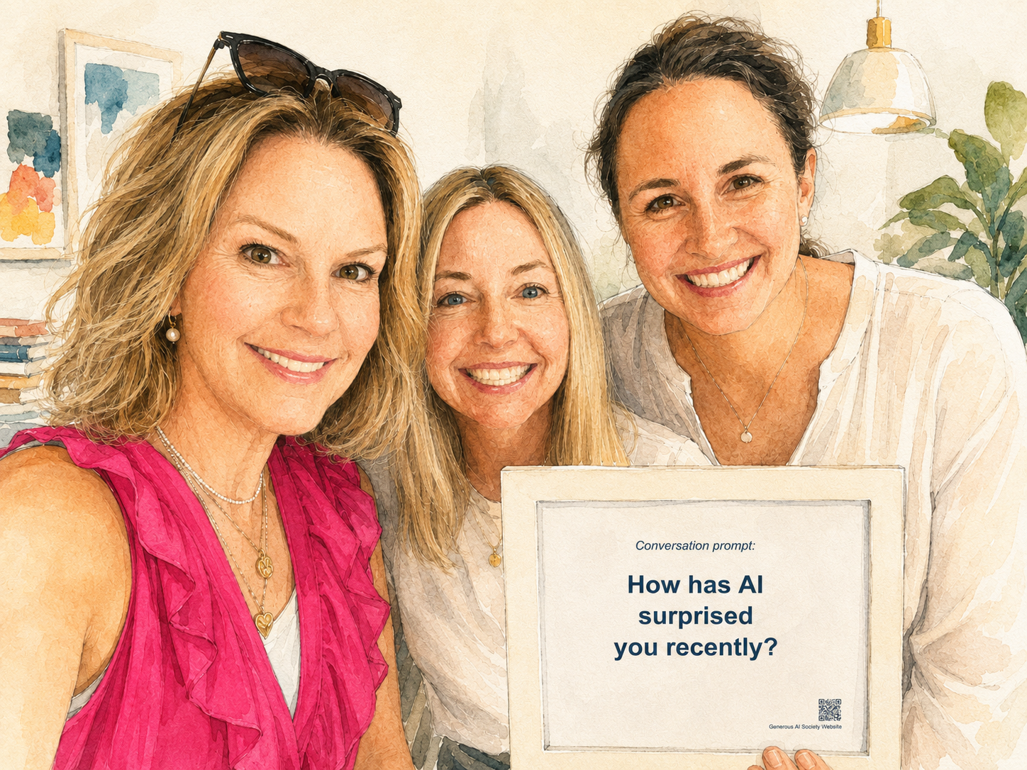 Watercolour illustration of Katrina C Foster, Debbie Collins and Caroline Wakefield together, holding a framed card that reads: Conversation prompt — How has AI surprised you recently?